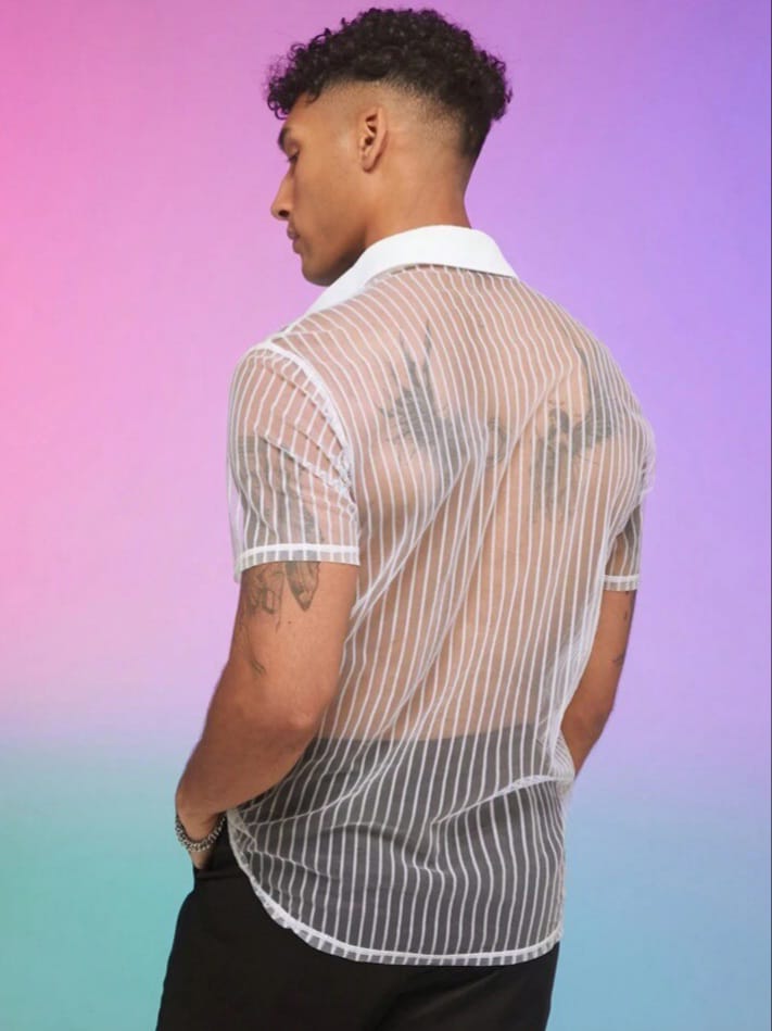 Bonga Boys Men's Striped Button Down Semi Sheer Sexy Summer Casual Short Sleeve Shirt